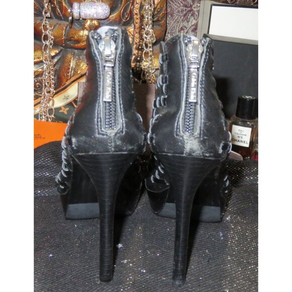 Calvin Klein Black Italian Leather Woven Caged Heels Pumps Booties 6.5 - Picture 4 of 14
